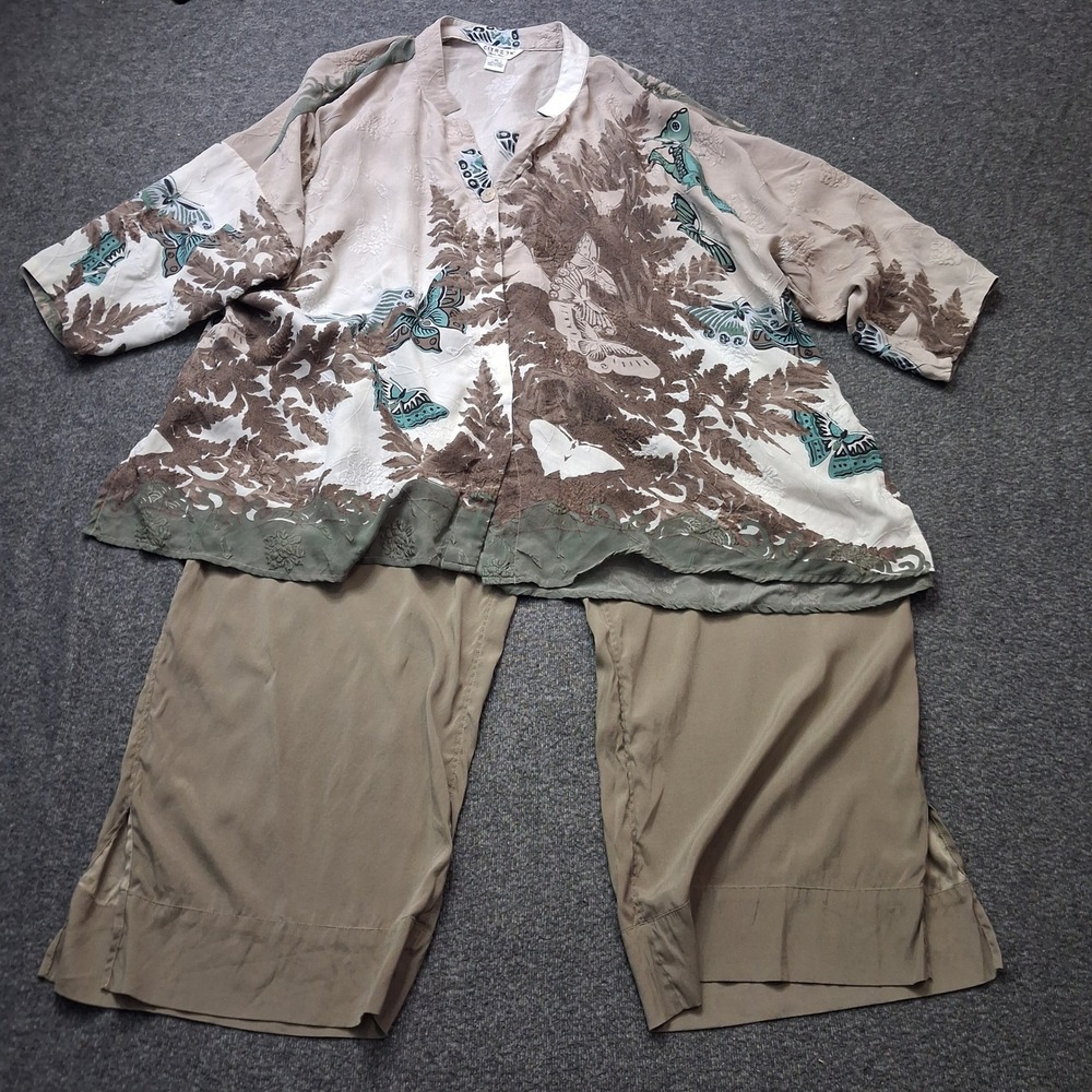 Citron Santa Monica Silk Butterfly Print Tunic and Pants Set XL Sage Teal